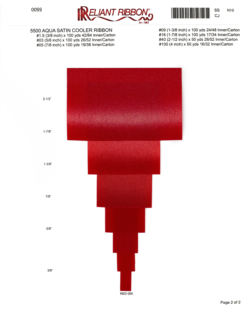 Ribbon - Aqua Satin, Red, 2-1/2 Inch, 50 Yards