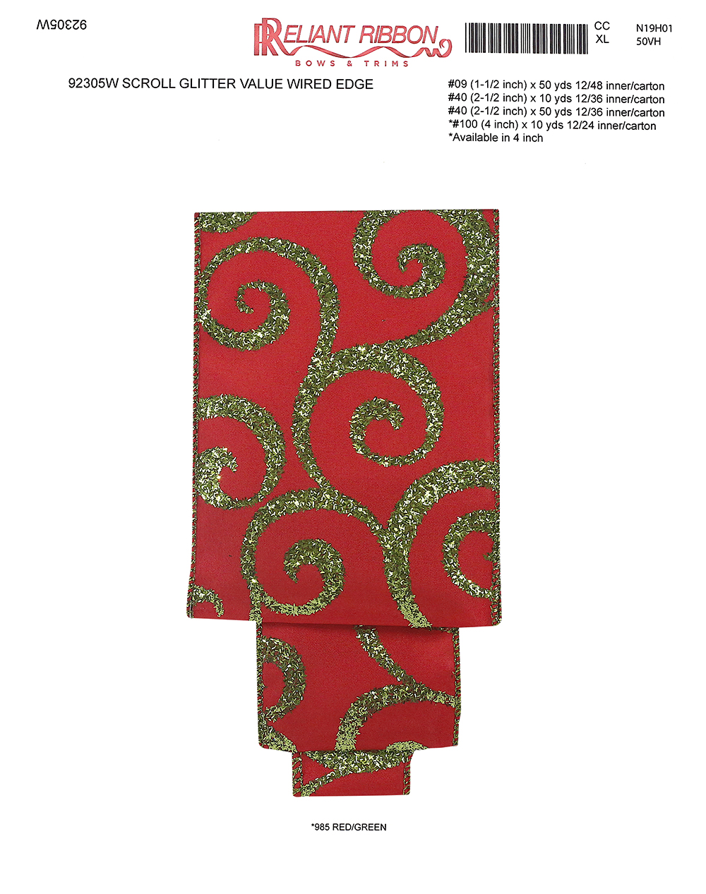 46067 - 63mm Wired edge Red Swirls Christmas design onto a Cream