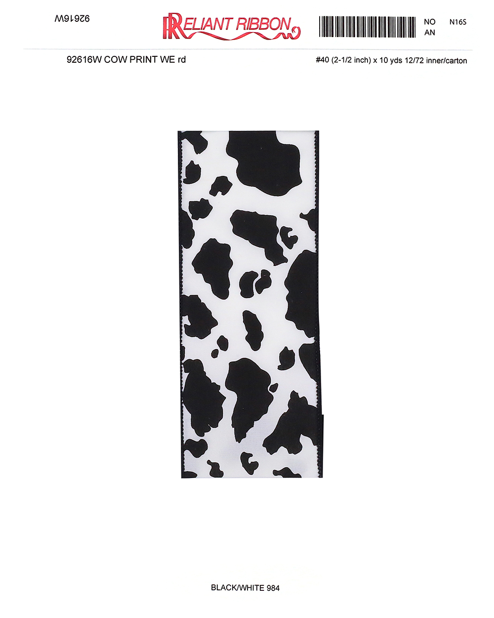 Reliant Ribbon - 92616W-984-40F, Cow Print We Rd Ribbon, Black/white, 2-1/2  Inch, 10 Yards