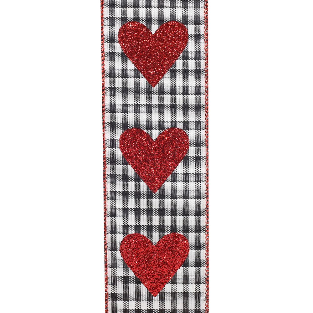 Red Glitter Hearts on White Wired Ribbon - Multi