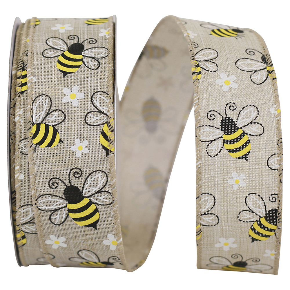 Ribbon - Bumble Bees Linen Wired Edge, Natural, 1-1/2 Inch, 20 Yards