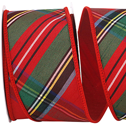 PLAID DUPIONI CLASSIC DIAGONAL LUXE RED BACKED WIRED EDGE RIBBON