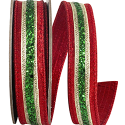 GLITTER STRIPE METALLIC DUPIONI FIESTA DELUXE WIRED EDGE RIBBON