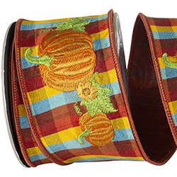 PUMPKIN EMBROIDERY TONAL PLAID DELUXE DUPIONI BACKED WIRED EDGE RIBBON