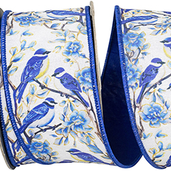 BLUE BIRD PERCHED DELUXE DUPIONI BACKED WIRED EDGE RIBBON