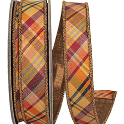 TIERRA TONAL DIAGONAL PLAID FUSED METALLIC BACKED WIRED EDGE RIBBON
