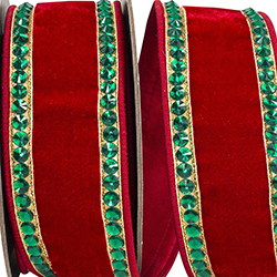 RHINESTONE EDGE PLUSH VELVET FUSED DUPIONI BACKED WIRED EDGE RIBBON